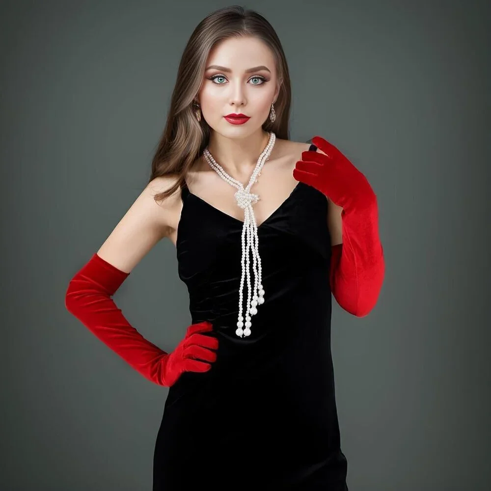 Women's Red Velvet Long Gloves Elbow Length Costume Flapper Evening Banquet